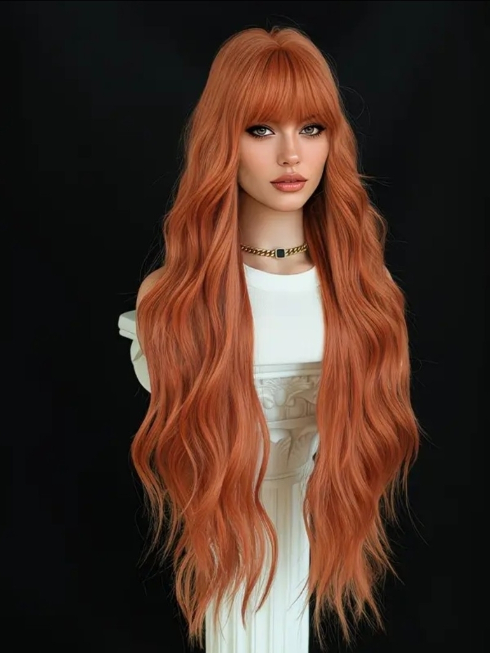 34 Inch Ginger Wavy Middle Part High Quality Synthetic Hair Wig With Bang